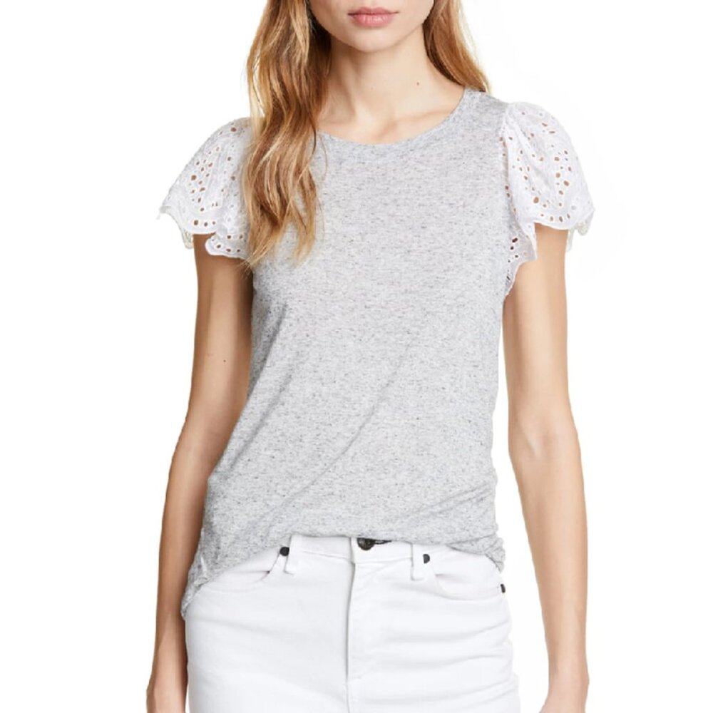 Rebecca Taylor Livy Lace Crew Neck Flutter Sleeve Eyelet Top Tee T-Shirt M